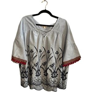 Skies Are Blue Striped Blouse with Embroidered Floral Design